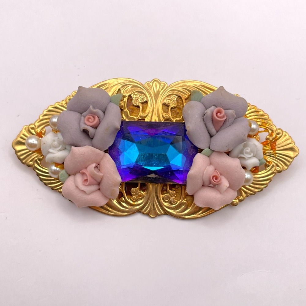 Vintage Unsigned Rose Rhinestone Brooch Faux Pearl Gold Tone Blue Purple Pink